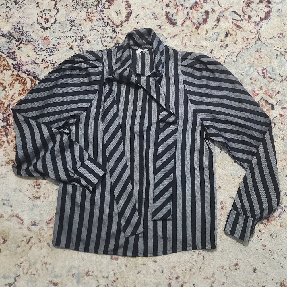 80s 90s Vintage Striped Tie Neck Button Down Blouse Neutral Estimated Med